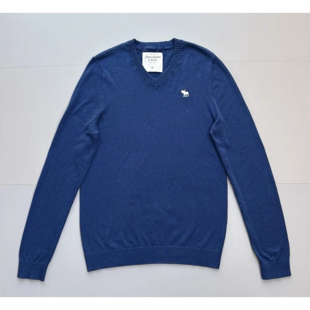 Abercrombie & Fitch Sweater Men Medium Blue V Neck Cotton Wool Cashmere Y2K